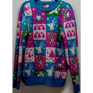 Party Sweater Dec 25 Blue Pink Xmas Sweater S Reindeer Elf Candy Canes VTG Fun